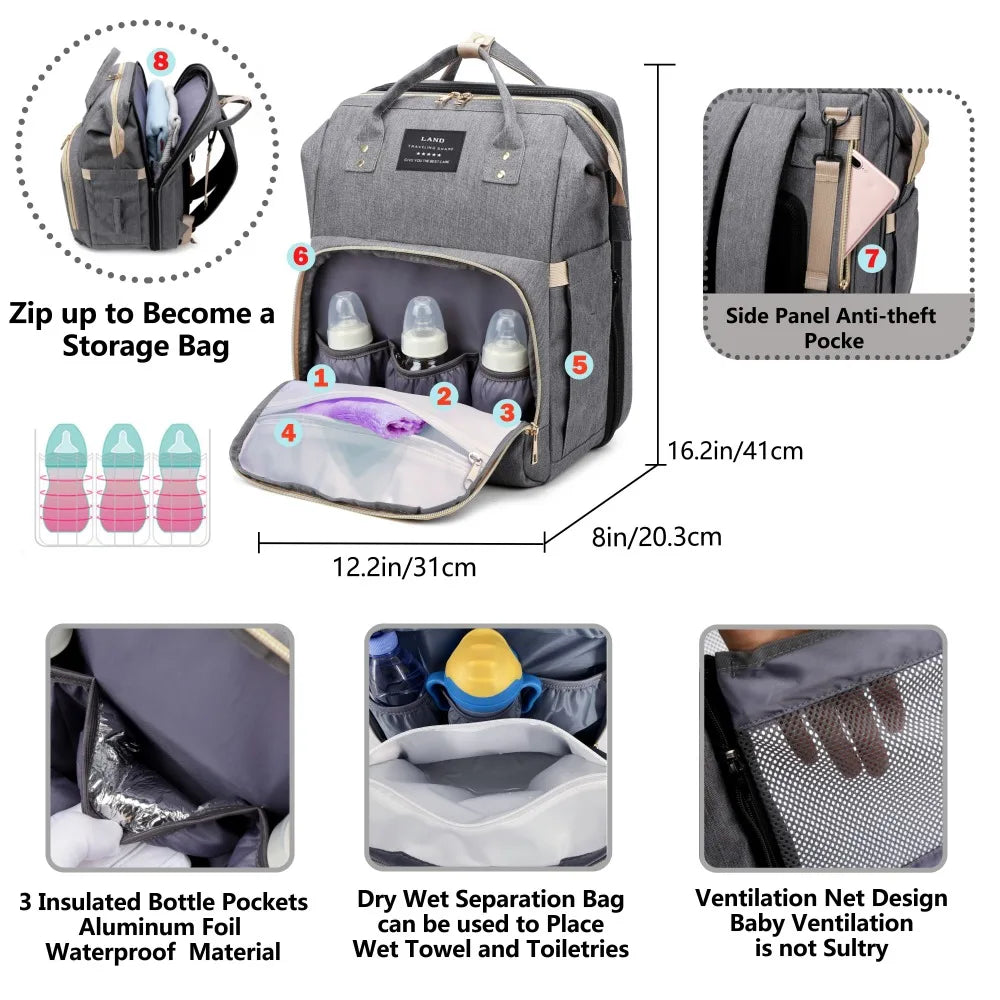 Mommy Diaper Bag with Foldable Changing Station – Stroller Hooks Included