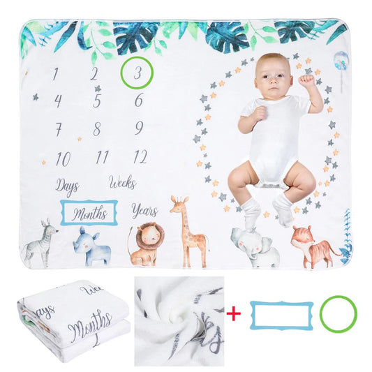 Soft Fleece Baby Monthly Milestone Blanket – Animal Print Photo Backdrop for Newborn Growth Tracker