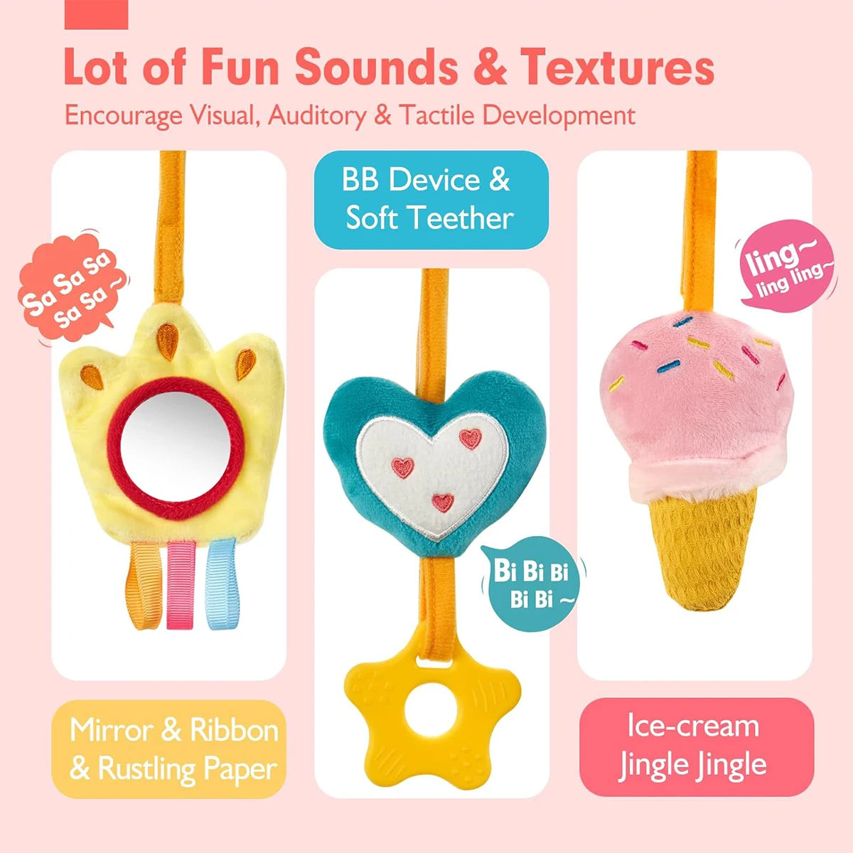 Colorful Plush Baby Car Seat Toy – Hanging Rattle & Teether Set